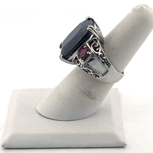 Estate Sterling Silver 925 Filigree Ring Size 6 Large Black Stone & Red Accents - Picture 4 of 8